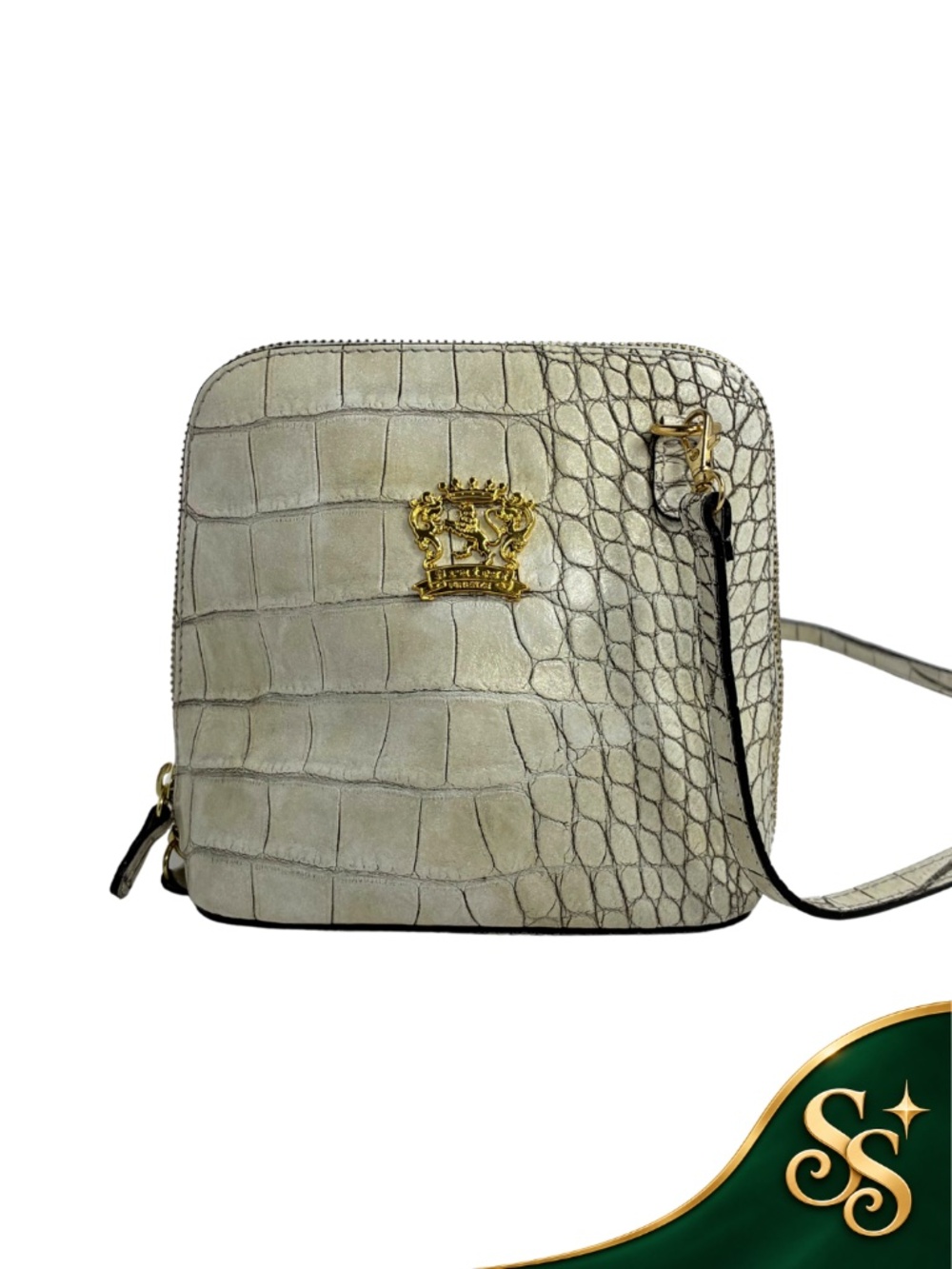 Pratesi Firenze Crossbody Bag – Ivory Italian Leather Croc Embossed Purse Gold